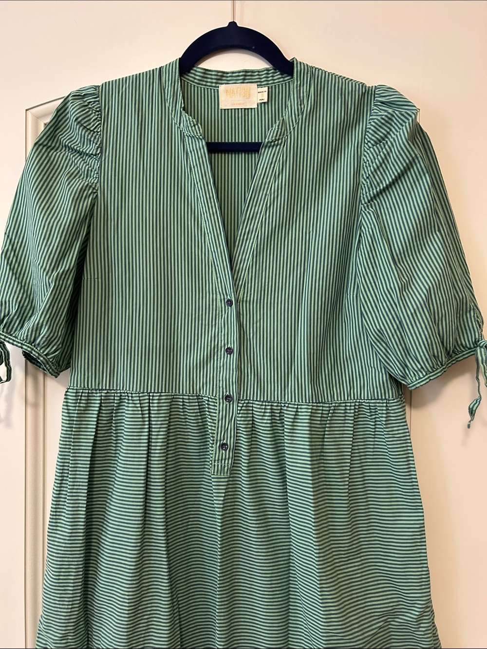 Nation LTD Dustin Romantic MIDI Green and Navy Striped Shirt Dress add Denim - Picture 3 of 9